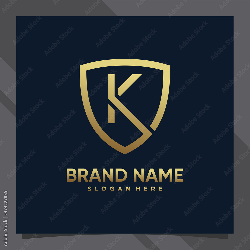 Creative monogram initial letter k with shield concept and golden style color Creative monogram initial letter k with shield concept and golden style color