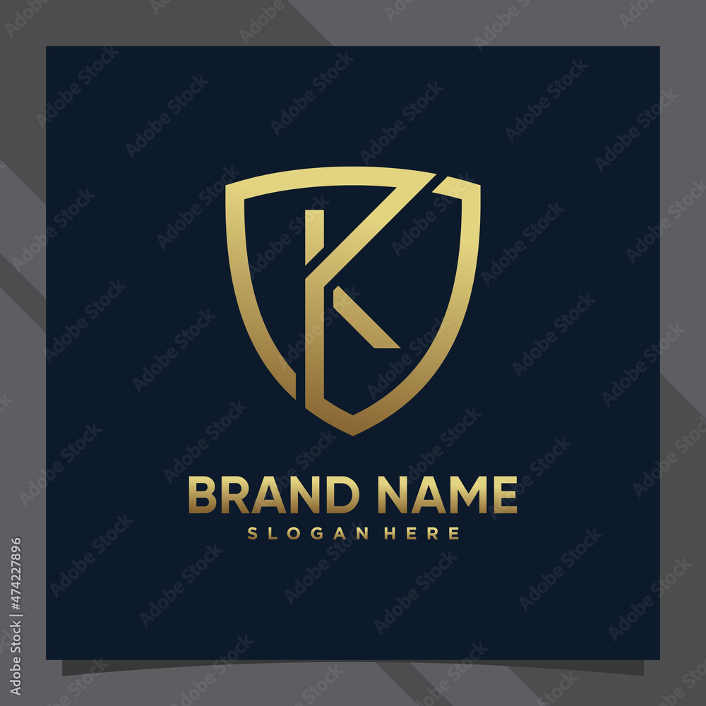 Creative monogram initial letter k with shield concept and golden style color Creative monogram initial letter k with shield concept and golden style color