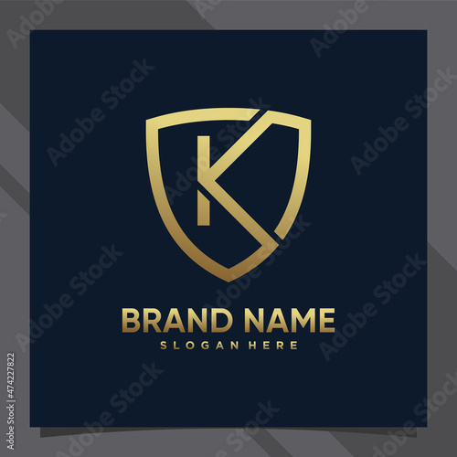 Creative monogram initial letter k with shield concept and golden style color