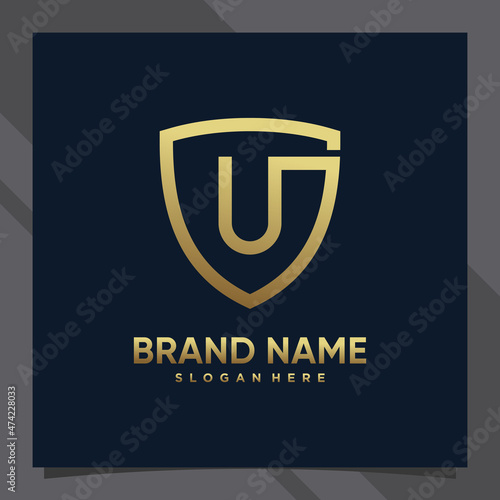Creative monogram initial letter u with shield concept and golden style color
