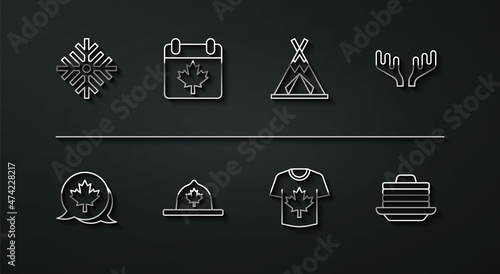 Set line Snowflake, Canadian maple leaf, Deer antlers, Hockey jersey, ranger hat, Canada day with, Stack of pancakes and Indian teepee or wigwam icon. Vector