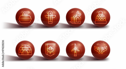 Set line Stone for curling, Igloo ice house, Beanie hat, Wind turbine, Pennant flag of Canada, Canadian totem pole, Deer antlers and Syrup with pancakes icon. Vector