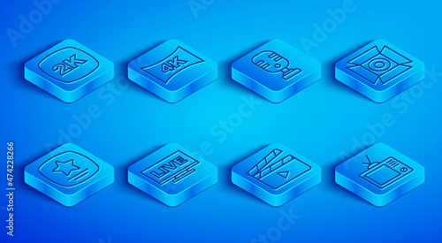 Set line 2k Ultra HD, Screen tv with 4k, Microphone, Live stream, Movie clapper, spotlight, Walk of fame star and Retro icon. Vector