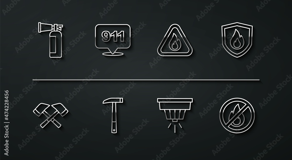 Set line Fire extinguisher, Firefighter axe, protection shield, Smoke alarm system, Emergency call 911, No fire and flame triangle icon. Vector Set line Fire extinguisher, Firefighter axe, protection shield, Smoke alarm system, Emergency call 911, No fire and flame triangle icon. Vector