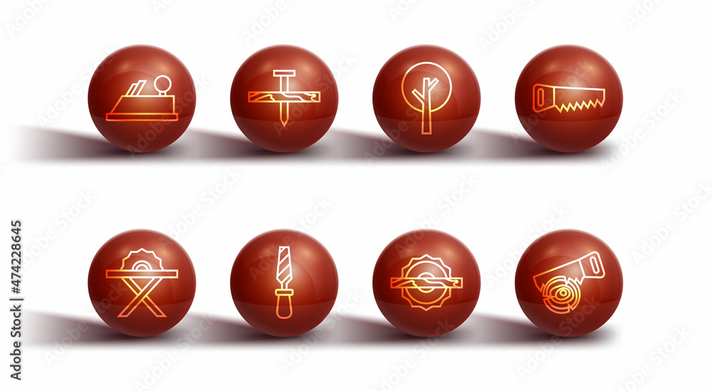 Set line Wood plane tool, Electric circular saw, Hand, Rasp metal file, Metallic nail, log and Tree icon. Vector Set line Wood plane tool, Electric circular saw, Hand, Rasp metal file, Metallic nail, log and Tree icon. Vector