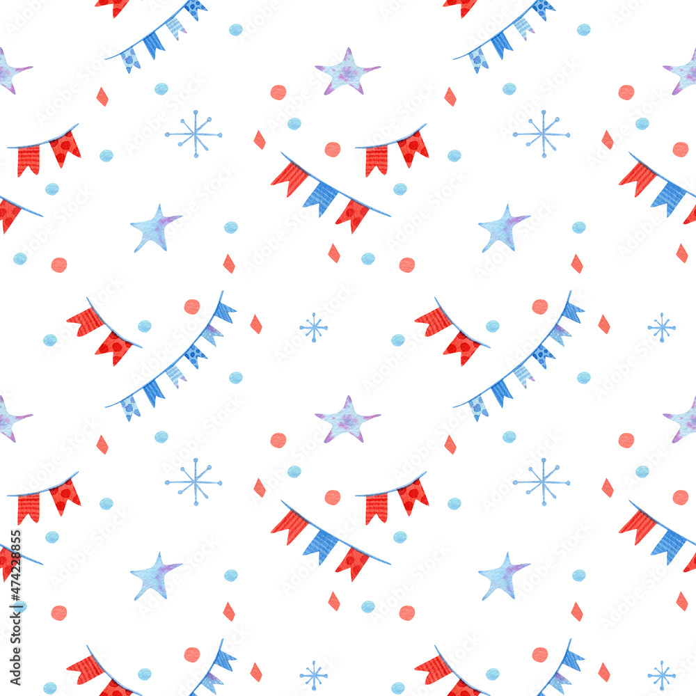 Seamless christmas pattern with snowflakes, garland, flags, stars and confetti. Watercolor background for textile, wrapping paper Seamless christmas pattern with snowflakes, garland, flags, stars and confetti. Watercolor background for textile, wrapping paper