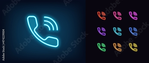 Outline neon ringing handset icon. Glowing neon phone sign, telephone pictogram in vivid colors