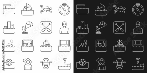 Set line Swimmer diving into pool, Water volleyball net, Scuba diver, Kitesurfing, Winner podium, Diving board or springboard and Paddle icon. Vector