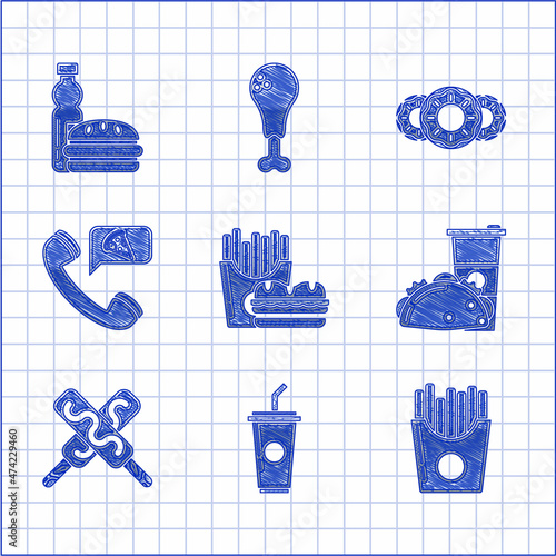 Set Burger and french fries in carton package box, Paper glass with drinking straw water, Potatoes, taco tortilla, Ice cream, Food ordering pizza, Donut sweet glaze and Bottle of burger icon. Vector
