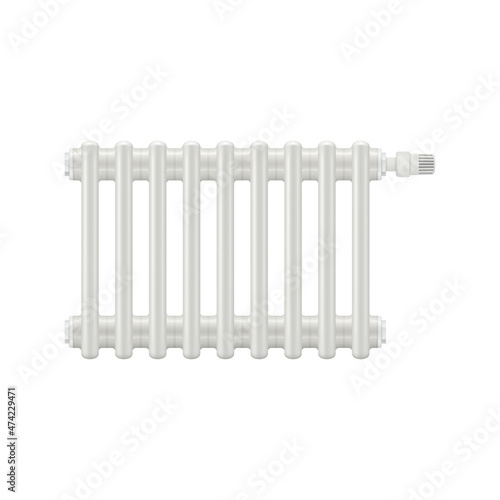 Realistic heating battery section with thermostat on a white background. Vector illustration.