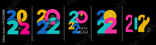 2022 New Year. Big set of creative concept design template with colorful logo 2022 for celebration and season decoration. Colored vector trendy background for branding, calendar, card, banner, cover.