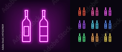 Outline neon wine bottle icon. Glowing neon wine shop sign, alcohol drink pictogram in vivid color