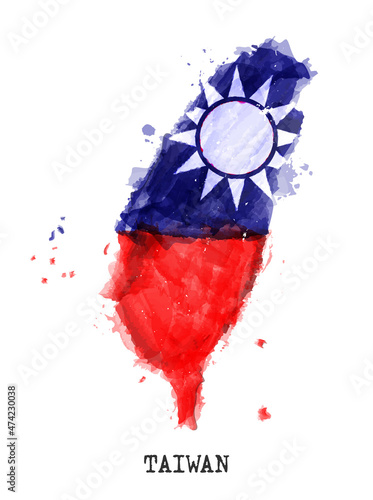 Taiwan islands flag and map watercolor painting design . Realistic drawing country shape . White isolated background . Vector .