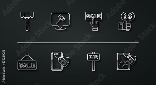 Set line Auction hammer, Price tag with Sale, Hand holding auction paddle, Online, painting and icon. Vector