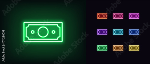 Outline neon banknote icon. Glowing neon cash sign, fiat money pictogram in vivid colors