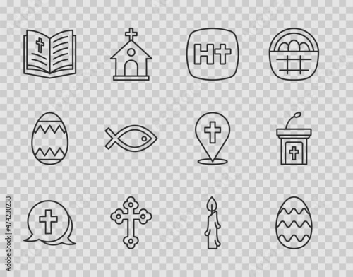 Set line Christian cross, Easter egg, Holy bible book, fish symbol, Burning candle and Church sermon tribune icon. Vector