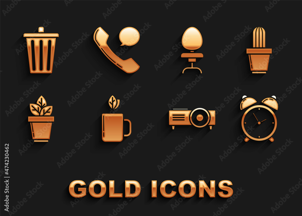 Set Cup of tea and leaf, Cactus succulent in pot, Alarm clock, Presentation, movie, film, media projector, Flowers, Office chair, Trash can and Telephone handset speech bubble chat icon. Vector Set Cup of tea and leaf, Cactus succulent in pot, Alarm clock, Presentation, movie, film, media projector, Flowers, Office chair, Trash can and Telephone handset speech bubble chat icon. Vector
