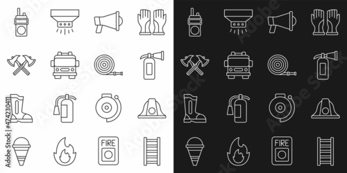 Set line Fire escape, Firefighter helmet, extinguisher, Megaphone, truck, axe, Walkie talkie and hose reel icon. Vector