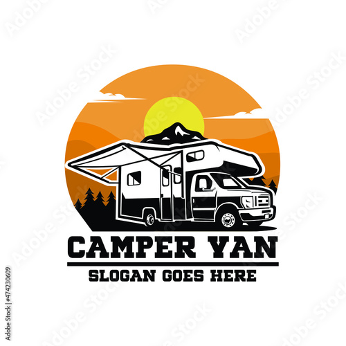 Camper van RV motor home caravan logo vector illustration design