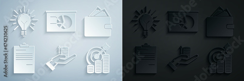 Set Money on hand, Wallet with stacks paper money cash, Document, Target coin symbol, Board graph chart and Light bulb rays shine concept of idea icon. Vector