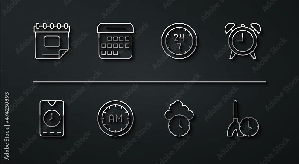 Set line Calendar, Alarm clock app mobile, Clock, Morning time, Cleaning and 24 hours icon. Vector Set line Calendar, Alarm clock app mobile, Clock, Morning time, Cleaning and 24 hours icon. Vector