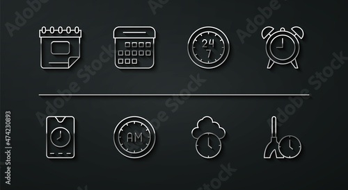Set line Calendar, Alarm clock app mobile, Clock, Morning time, Cleaning and 24 hours icon. Vector
