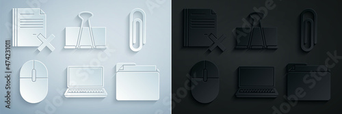 Set Laptop, Paper clip, Computer mouse, Document folder, Binder and Delete file document icon. Vector