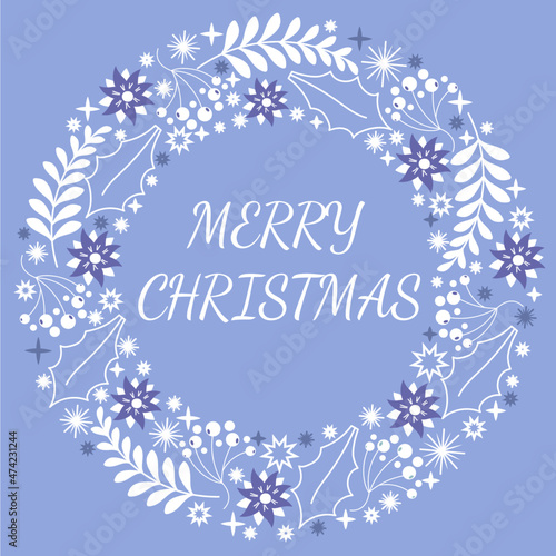 Merry christmas card with areath and ornaments in very peri color