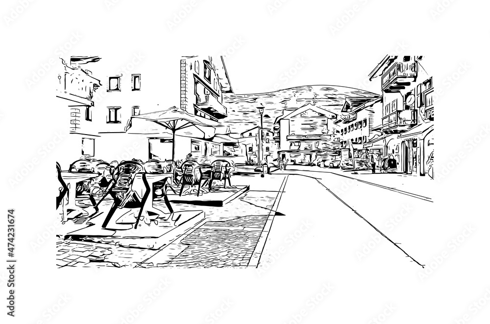Building view with landmark of Livigno is the 
town in Italy. Hand drawn sketch illustration in vector.