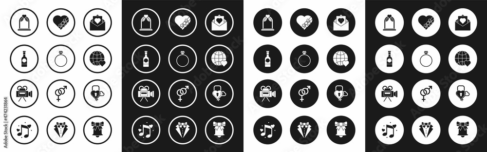 Set Envelope with Valentine heart, Diamond engagement ring, Champagne bottle, Wedding arch, The world love, Candy shaped box and bow, Castle the of key and Cinema camera icon. Vector Set Envelope with Valentine heart, Diamond engagement ring, Champagne bottle, Wedding arch, The world love, Candy shaped box and bow, Castle the of key and Cinema camera icon. Vector