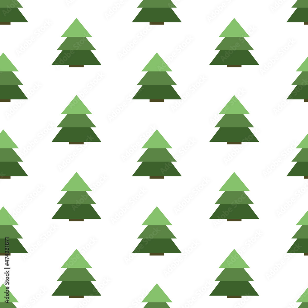 Obraz premium Christmas tree seamless pattern. Green cartoon fir on a white background. Vector cartoon pattern.