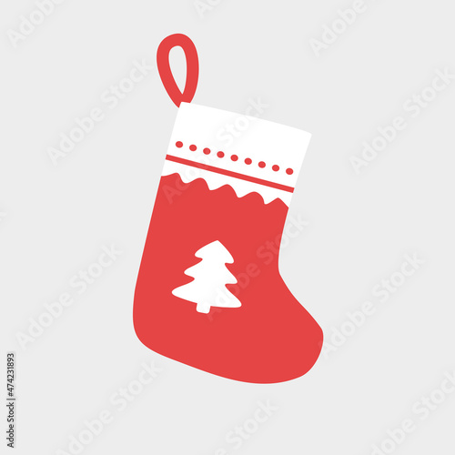 Christmas stocking for gifts. Red sock with white fur 
and pattern. Vector clipart isolated on white background.