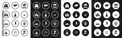 Set Attraction carousel, Party hat, Castle, Circus tent, Seesaw, Cannon, Ferris wheel and Bumper icon. Vector