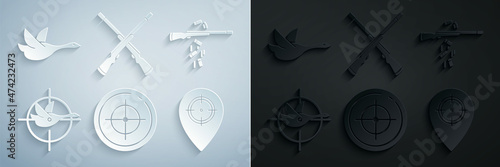 Set Target sport for shooting competition, Gun, Hunt duck with crosshairs, place, Two crossed shotguns and Flying icon. Vector photo
