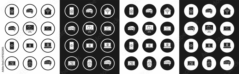 Set Smart home with wi-fi, Computer monitor house under protection, House temperature, Mobile phone smart, Laptop, and alarm, and icon. Vector Set Smart home with wi-fi, Computer monitor house under protection, House temperature, Mobile phone smart, Laptop, and alarm, and icon. Vector