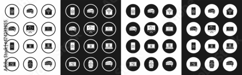 Set Smart home with wi-fi, Computer monitor house under protection, House temperature, Mobile phone smart, Laptop, and alarm, and icon. Vector