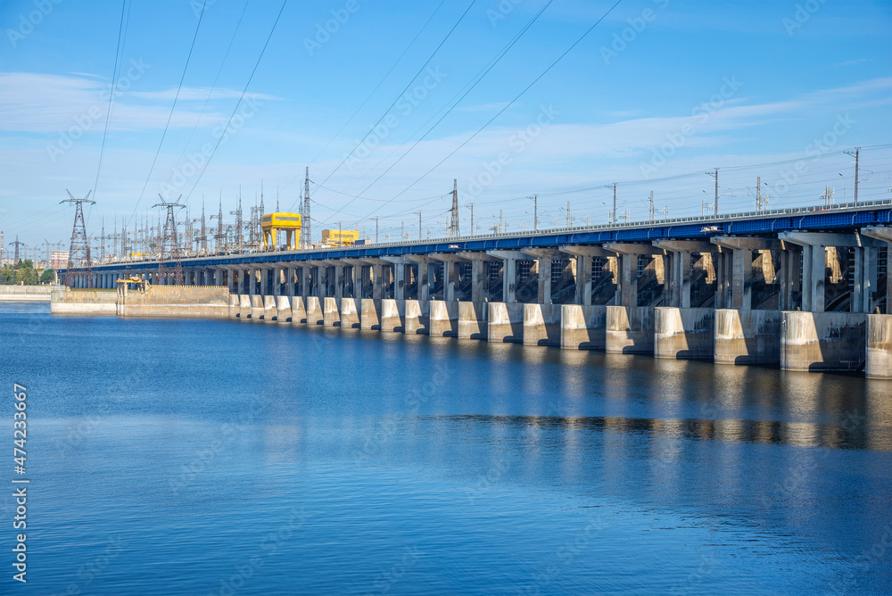 Volga Hydroelectric power station on a sunny day. Volgograd, Russia