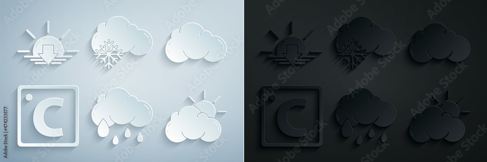 Set Cloud with rain, Celsius, Sun and cloud weather, snow and Sunset icon. Vector