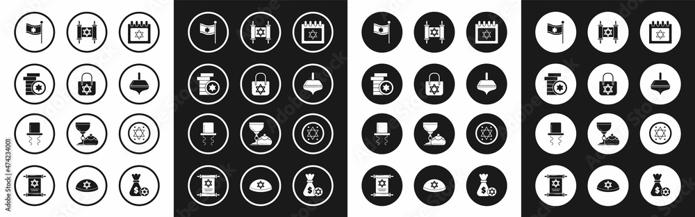 Set Jewish calendar with star of david, Shopping bag, coin, Flag Israel, Hanukkah dreidel, Torah scroll, and Orthodox jewish hat sidelocks icon. Vector Set Jewish calendar with star of david, Shopping bag, coin, Flag Israel, Hanukkah dreidel, Torah scroll, and Orthodox jewish hat sidelocks icon. Vector