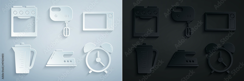 Set Electric iron, Microwave oven, Measuring cup, Alarm clock, mixer and Oven icon. Vector