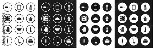 Set Salt, Covered with tray of food, Gas stove, Frying pan, Kitchen apron, Cutting board, Pepper and Oven glove icon. Vector