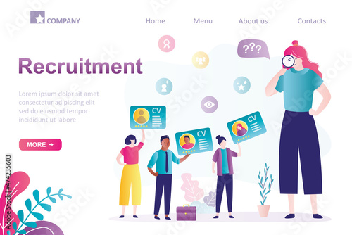 Female manager choosing best candidate for job. Various job seekers with resume. Applicants holds curriculum vitae. Recruitment process concept. Landing page template.