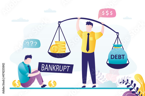 Man does not have enough money to pay off debts. Bank employee holds scales with coins and debts