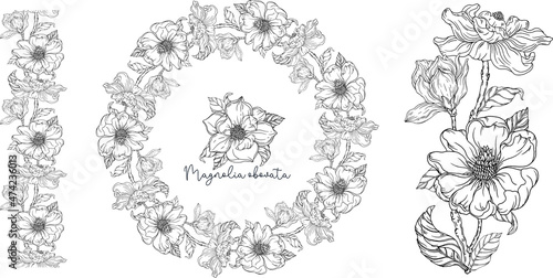 Hand-drawn floral set  Rose Collection  Flower Wreath.