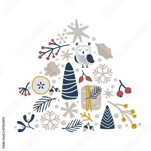Christmas vector hand drawn fir tree form xmas doodle scandinavian elements gift, owl, snowflake, orange and other. Composition for winter holiday greeting card