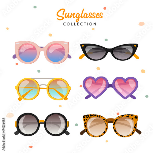 Set of fashionable sunglasses of different shapes, colors, and gradient glasses.