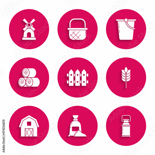 Set Garden fence wooden, Bag of flour, Can container for milk, Cereals with rice, wheat, corn, oats, rye, Farm House concept, Roll hay, Bucket and Windmill icon. Vector