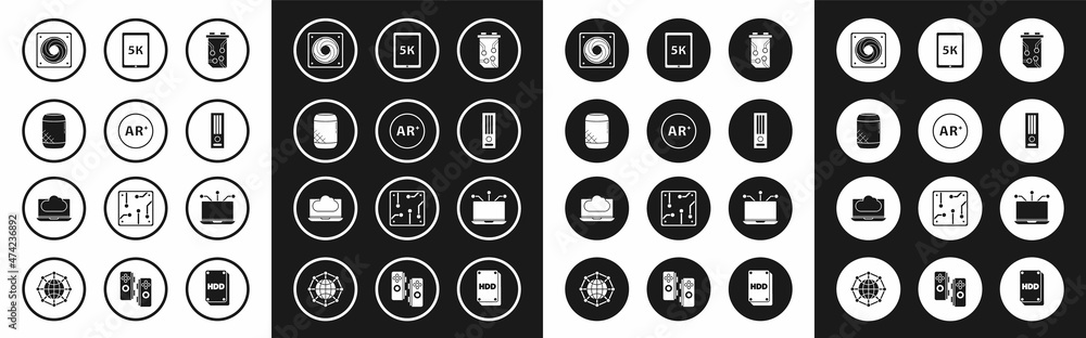 Set Video graphic card, Ar, augmented reality, Voice assistant, Computer cooler, game console, Tablet with text 5k, Laptop and Cloud technology data transfer and storage icon. Vector Set Video graphic card, Ar, augmented reality, Voice assistant, Computer cooler, game console, Tablet with text 5k, Laptop and Cloud technology data transfer and storage icon. Vector