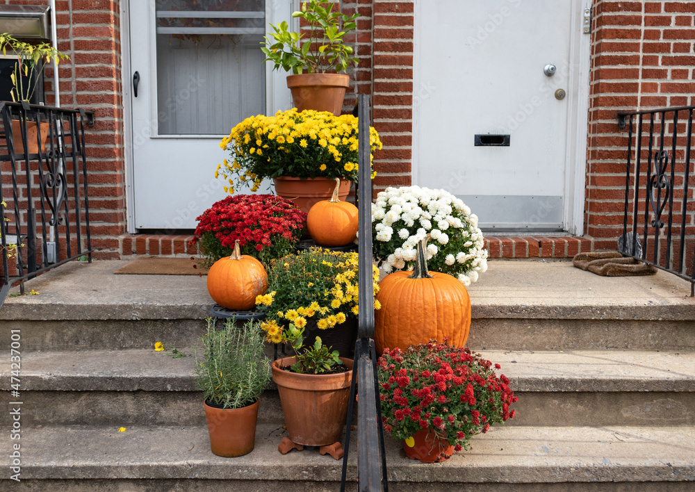 Colorful Flowers and Autumn Decorations on Stairs of Brick Homes in Queens of New York City