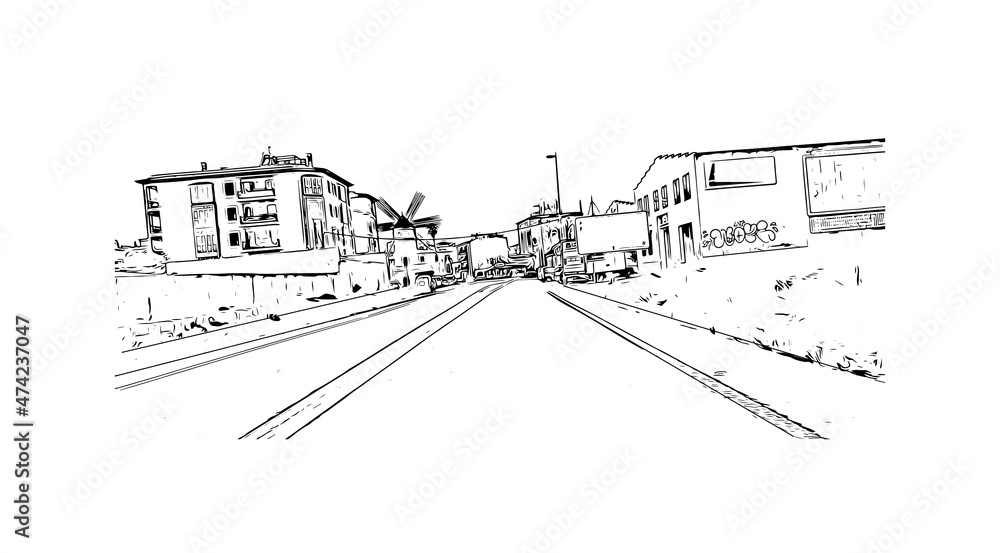 Building view with landmark of Llucmajor is the 
municipality in Spain. Hand drawn sketch illustration in vector.